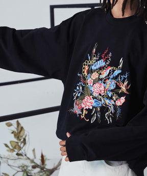 Flower Embroidery Heavy-Weight Sweat Prime-Over Crew Neck Pullover