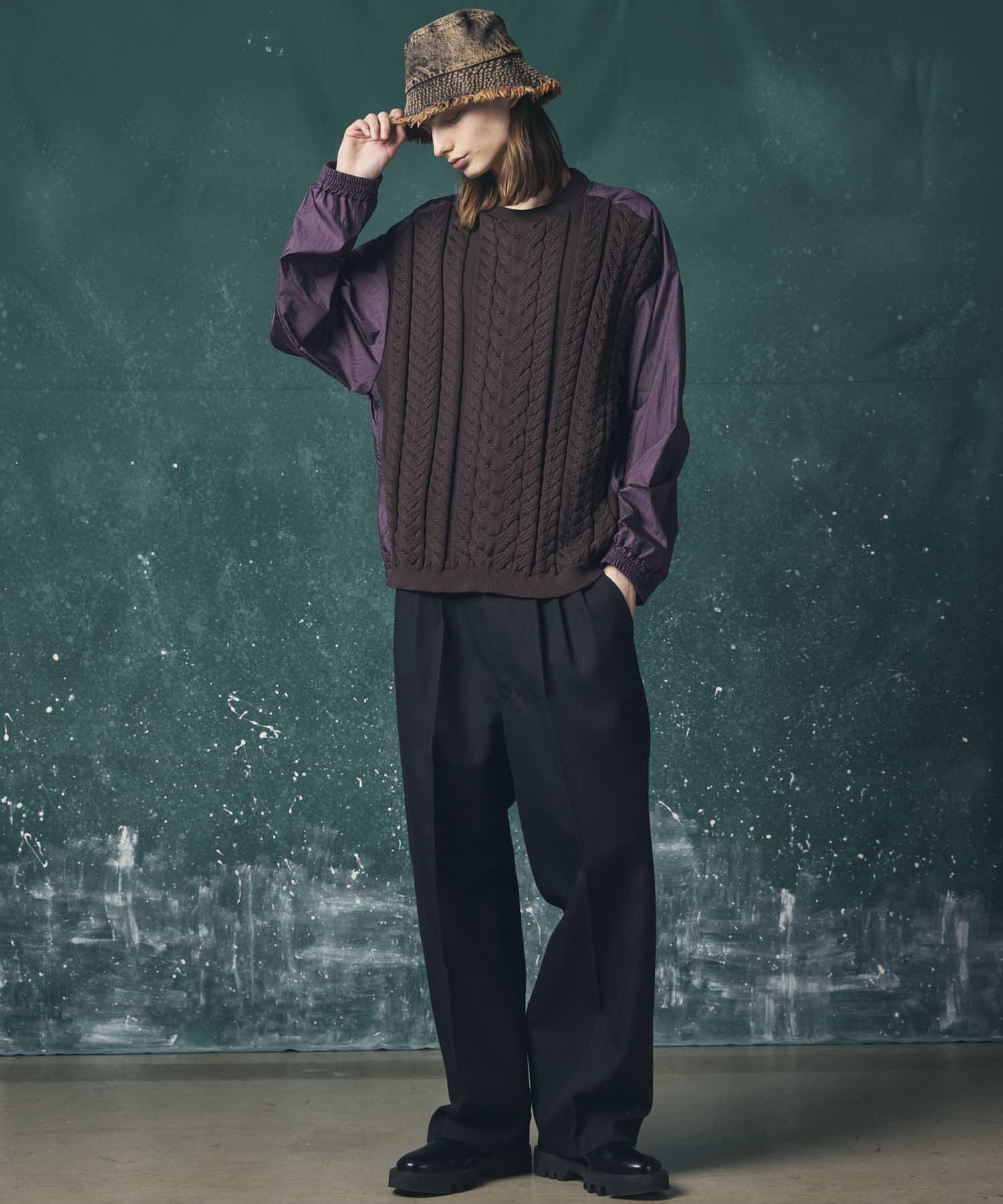 Cable Knit Combination Prime-Over Woven Shirt Crew Neck Pullover