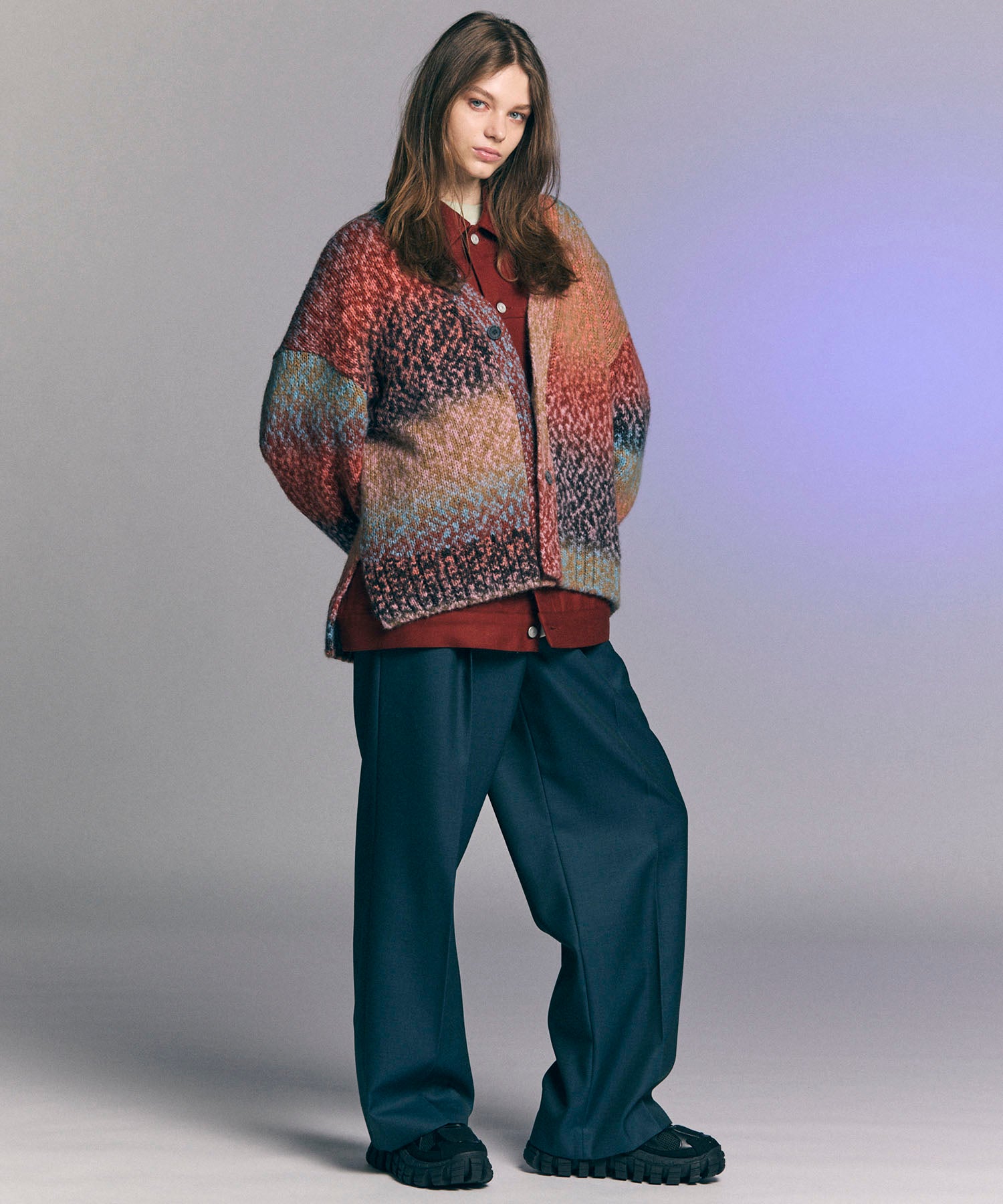 【24AW PRE-ORDER】PINORI Long Space-Dye Gradation Prime-Over V-Neck Knit Cardigan