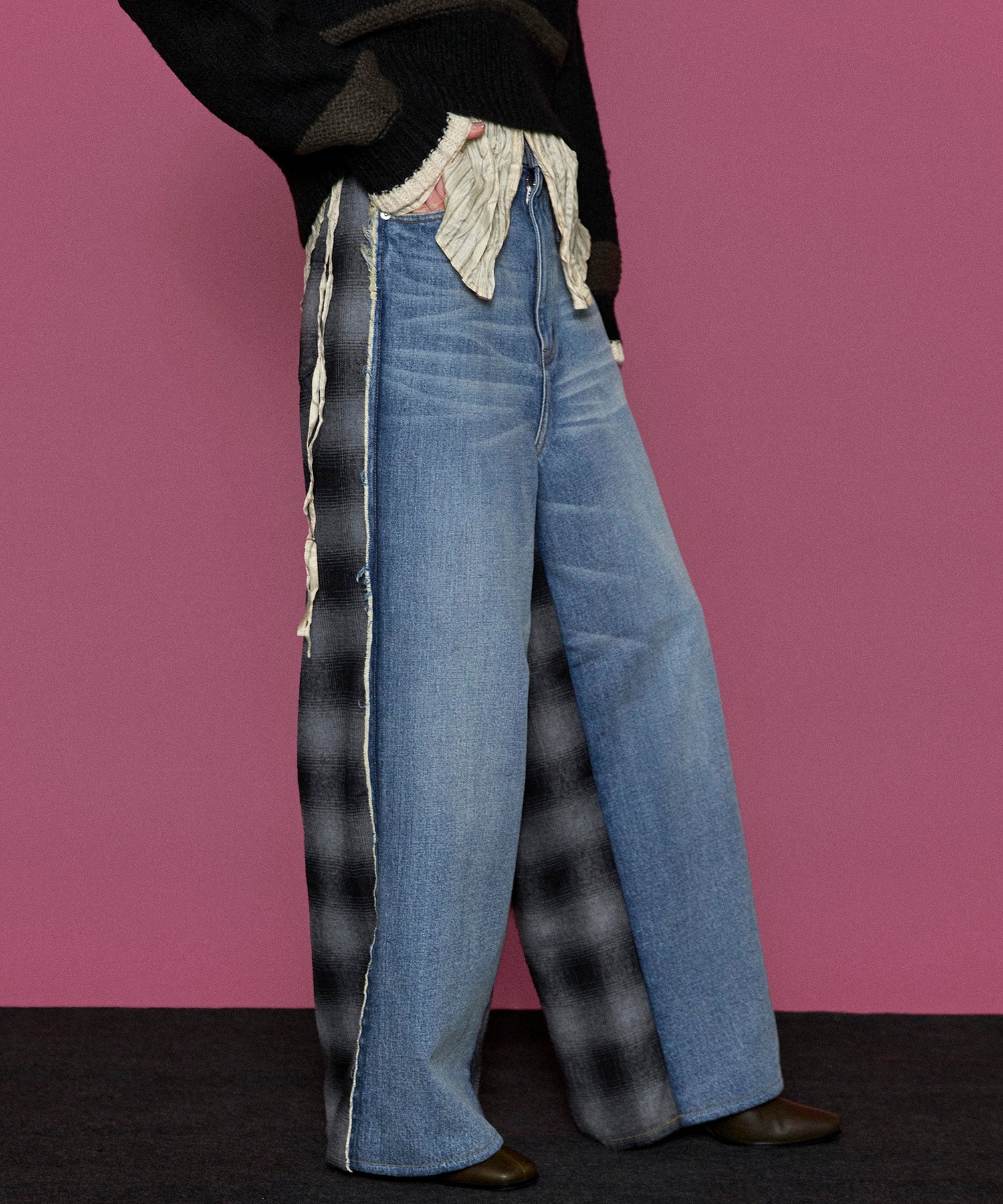 【24WINTER PRE-ORDER】Plaid Pattern Bicolor Denim Pants