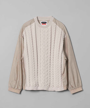 Cable Knit Combination Prime-Over Woven Shirt Crew Neck Pullover