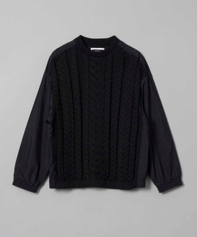 Cable Knit Combination Prime-Over Woven Shirt Crew Neck Pullover