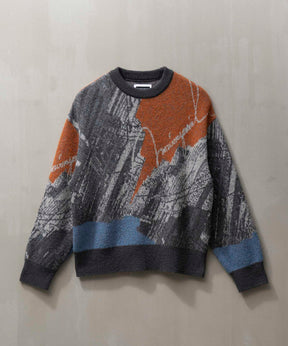 Airy Mohair Abstract Prime-Over Crew Neck Knit Pullover