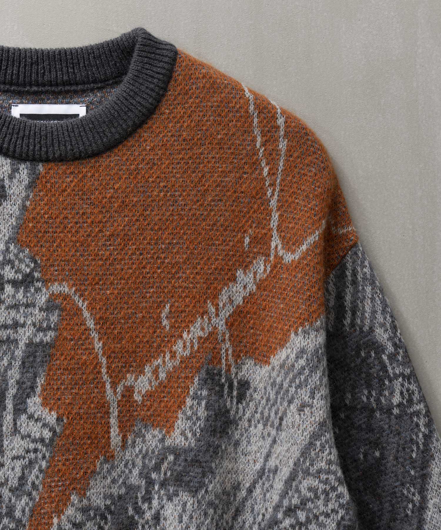 Airy Mohair Abstract Prime-Over Crew Neck Knit Pullover