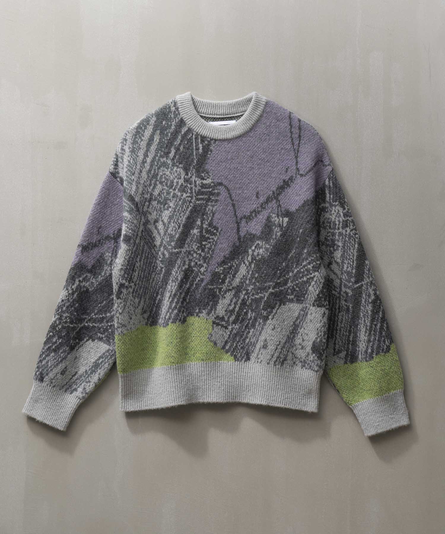 Airy Mohair Abstract Prime-Over Crew Neck Knit Pullover