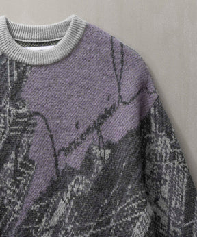 Airy Mohair Abstract Prime-Over Crew Neck Knit Pullover