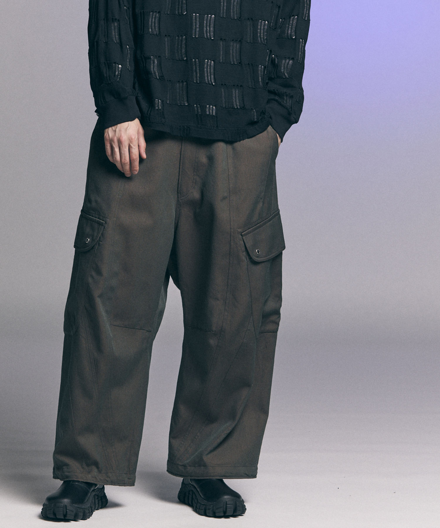 Chambray Wool Prime-Wide Three-Dimensional Cutting Cargo Pants