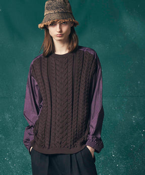 Cable Knit Combination Prime-Over Woven Shirt Crew Neck Pullover