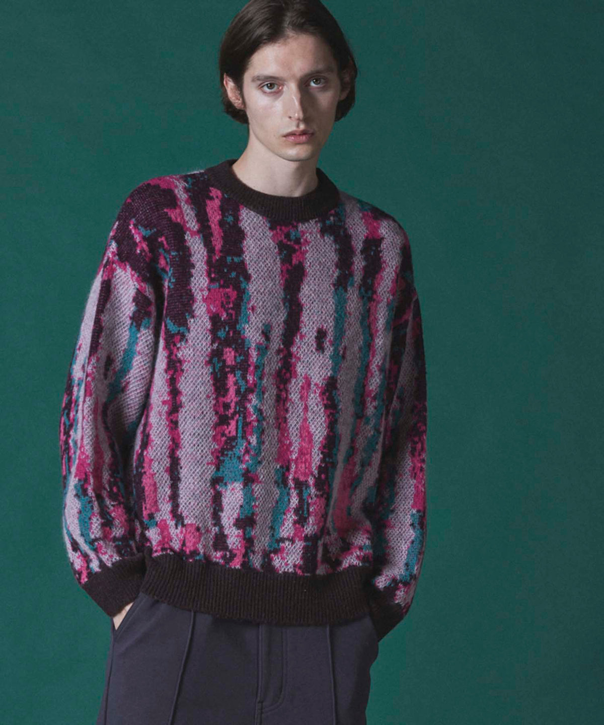 Airy Mohair Crazy Stripe Prime-Over Crew Neck Knit Pullover