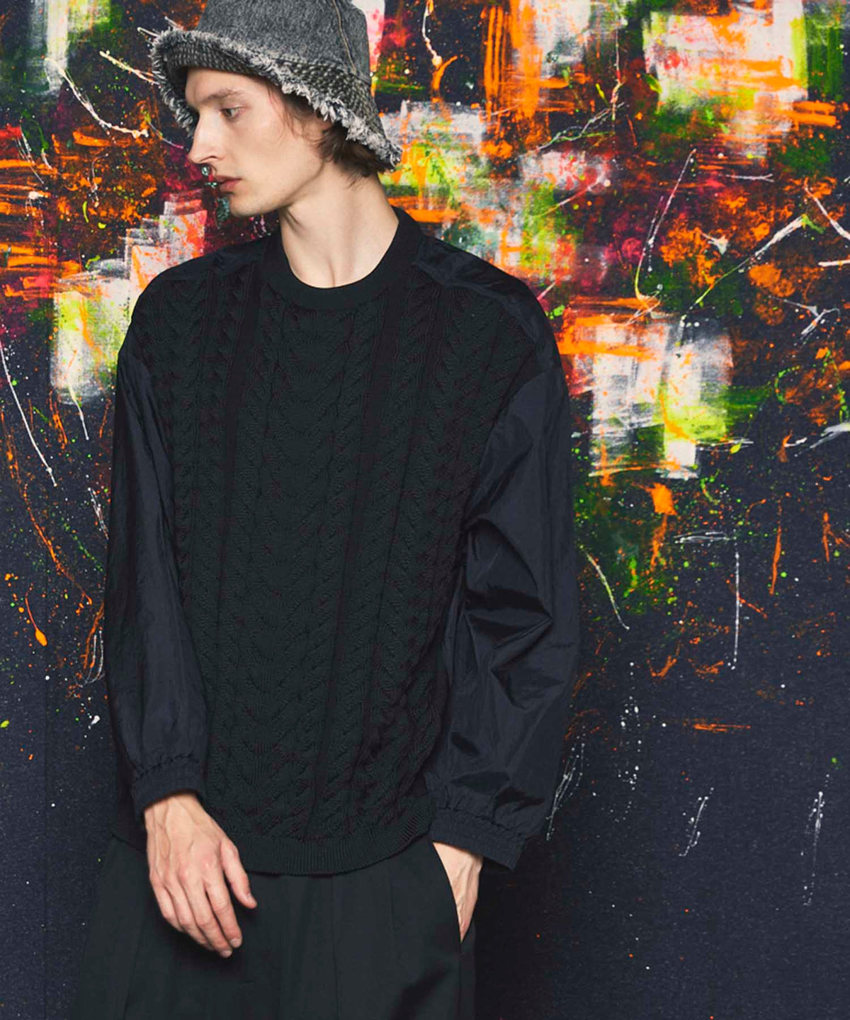 Cable Knit Combination Prime-Over Woven Shirt Crew Neck Pullover