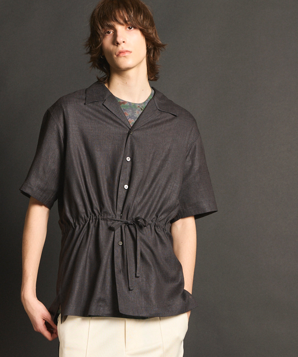 Calendering Triacetate Dress-Over Short Sleeve Open Collar Shirt